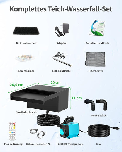 POPOSOAP 20 cm brede vijverwaterval, roestvrijstalen watervalbox met 2500 l/u vijverpomp, op afstand bestuurde kleurwisselende led-lichtketting, buiten-waterspel voor tuinvijver
