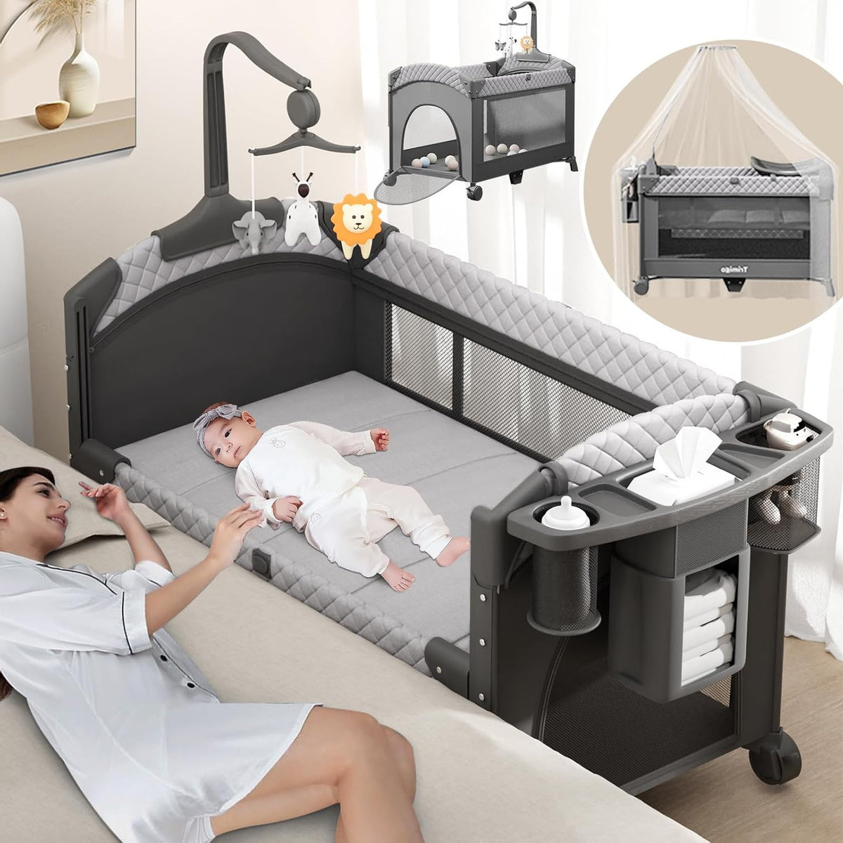 Foldable Baby Cot & Travel Cot & Side Bed - Portable Baby Bed Height Adjustment, Portable & Easy to Store, Includes Toy, Changing Table and Mosquito Net – Gift for Young Parents - QUORE