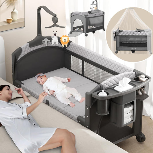 Foldable Baby Cot & Travel Cot & Side Bed - Portable Baby Bed Height Adjustment, Portable & Easy to Store, Includes Toy, Changing Table and Mosquito Net – Gift for Young Parents - QUORE
