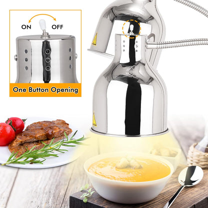 YJINGRUI Vrijstaande voedselverwarmingslamp, 2 x 250 W, zilver, buffet, levensmiddelen, verwarming, lamp met slang, rekbaar tot 70 cm, voor buffet, keuken, restaurant (dubbele lampen)