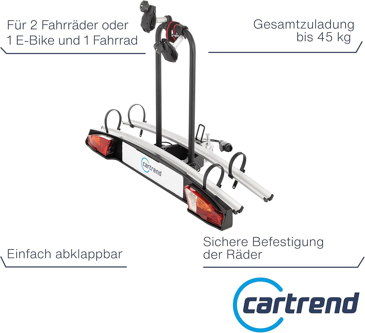 cartrend Koppelingsfietsendrager Alu Active, geschikt voor 2 fietsen, fietsendrager koppeling, fietsendrager auto, drager auto, zwart-zilver
