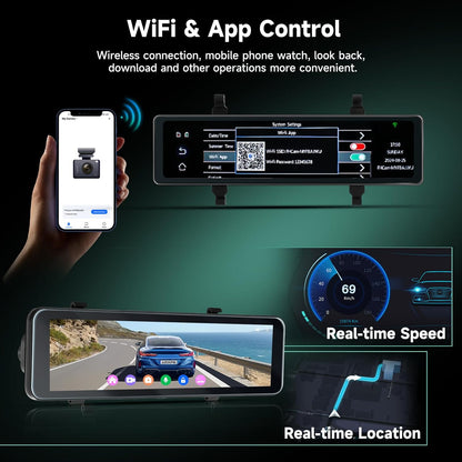 Spiegel-Dashcam – Achteruitkijkspiegel Dashcam, Spiegel Dashcam, Autocamera, Achteruitrijcamera – 10,88 Inch Touchscreen – 4K Voorcamera + 1080p Achtercamera
