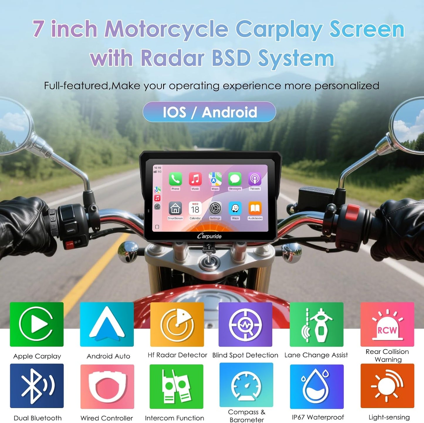 CARPURIDE W702RS Pro Motorfiets Carplay Scherm met Radar BSD en BM05 Mount, Draadloze CarPlay & Android Auto, 7 inch Waterdicht Touchscreen, Intercom Functie, Dual Bluetooth, Wired Controller, Navi.