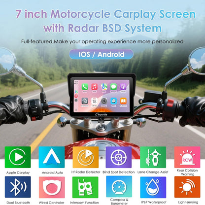 CARPURIDE W702RS Pro Motorfiets Carplay Scherm met Radar BSD en BM05 Mount, Draadloze CarPlay & Android Auto, 7 inch Waterdicht Touchscreen, Intercom Functie, Dual Bluetooth, Wired Controller, Navi.