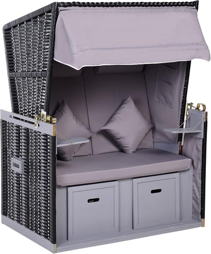 Outsunny Beach Chair Sun Lounger with Protective Cover for Cup Holders PE Rattan Grey 118 x 79 x 150 cm - QUORE