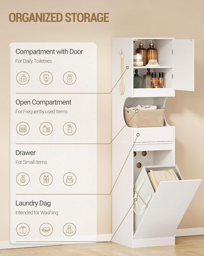 Hzuaneri BC43013X Bathroom Cabinet with Laundry Basket, Laundry Cabinet with 1 Drawer and Open Storage, Bathroom Cabinet with Laundry Collector for Bathroom, Utility Room, 40 x 40 x 174 cm, White