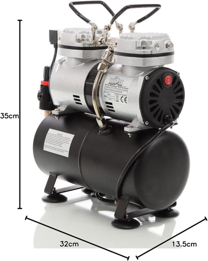 Wiltec airbrush compressor AS196 met luchttank 2-cilinder zuiger 6 bar automatische uitschakelfunctie
