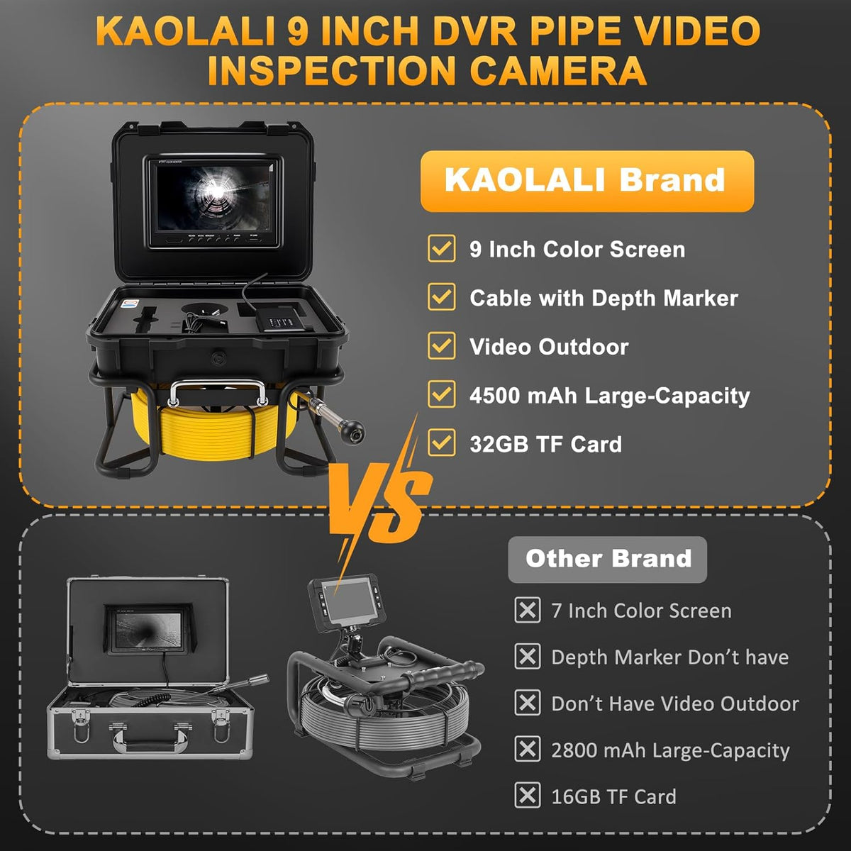 KAOLALI Buiscamera 50 m met licht, 9 inch kanalisatiecamera, 1080p HD endoscoop, inspectiecamera, DVR-recorder, kanaalcamera, IP68 waterdicht, met 6 ledlampen, voor loodgieter, 32 GB TF-kaart