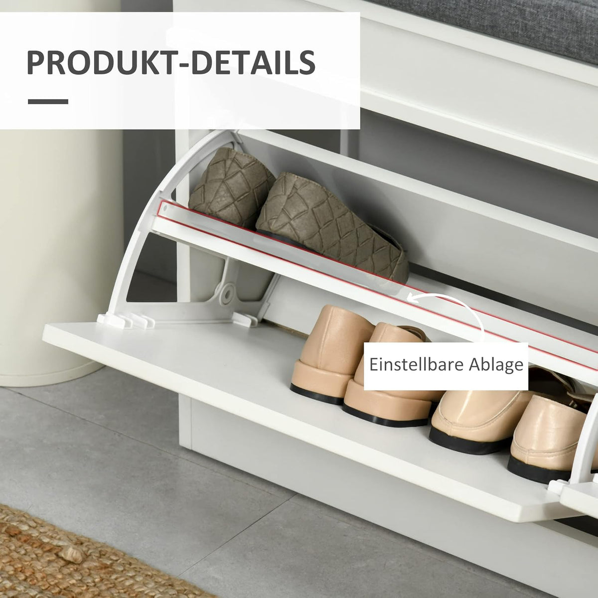 HOMCOM shoe rack shoe bench with cushion and 2 drawers chipboard MDF polyester foam white + grey 104 x 24 x 55 cm - QUORE