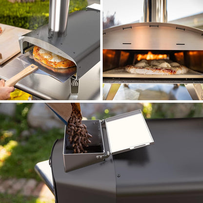 Mimiuo buitenoven op hout en pellets voor in de tuin, klassieke W-oven met zwarte coating, met pizzasteen en opvouwbare pizzaschil.