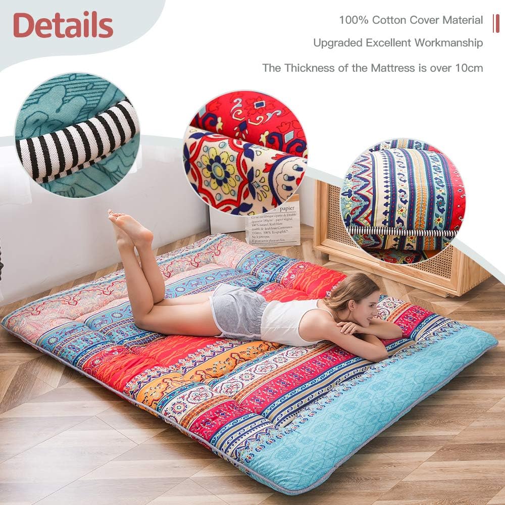 MAXYOYO Futon Retro Bohemian matras - Japanse bloemen vintage vloer - rollende logeerbed, draagbare camping, Tatami mat (Bohemian A, 135 x 190 cm)