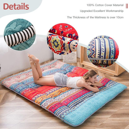 MAXYOYO Futon Retro Bohemian matras - Japanse bloemen vintage vloer - rollende logeerbed, draagbare camping, Tatami mat (Bohemian A, 135 x 190 cm)