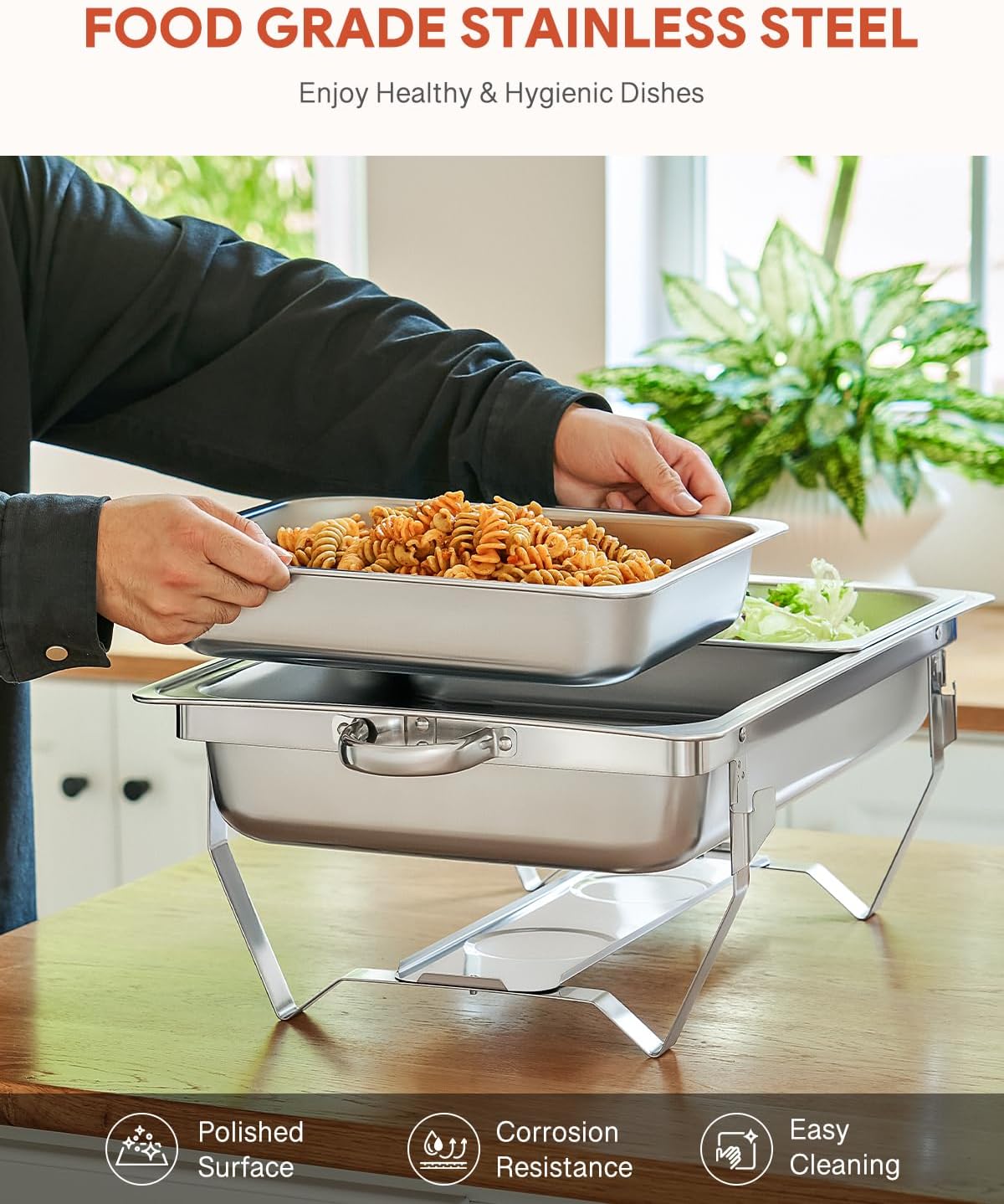 Wilprep Verdeelbakken chafing dish set van 2 bakken GN 1/2 RVS, 4 stuks 9L buffetwarmers met 8 halve maat bakken, brandpasta houders, 4 deksel opvouwbare frames, voor feesten buffetten diners