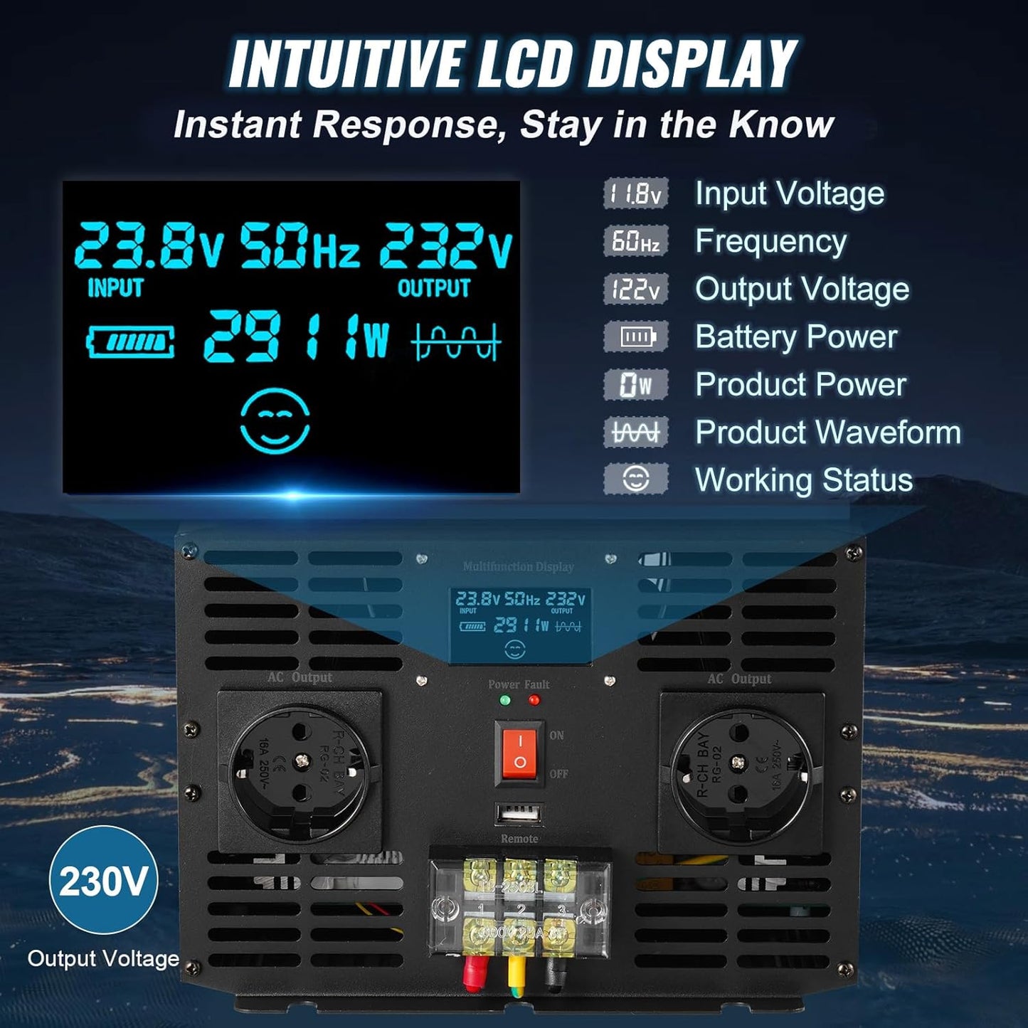 VEVOR Pure sinusomvormer, 3000 W DC 24 V naar AC 230 V, auto-omvormer met lcd-scherm, USB-poort afstandsbediening voor camper, zonne-systeem, reizen, camping