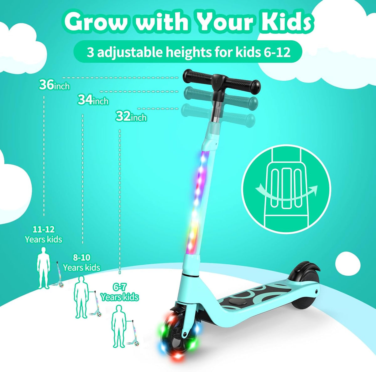 SISIGAD Elektrische Step voor Kinderen van 6-12 Jaar, Kids E Scooter 5.3 Inch E Step met Kleurrijke LED-verlichting en 3 Verstelbare Hoogte, Kids Elektrische Scooter Max Belasting 70kg, Max 10km/h