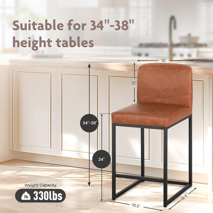 ALPHA HOME Bar Stool Set of 2 Bar Stools with Backrest, PU Leather, Kitchen Stool, Bar Chair, Set of 2 with Footrest, for Countertop, Stable Metal Steel Frame, Brown