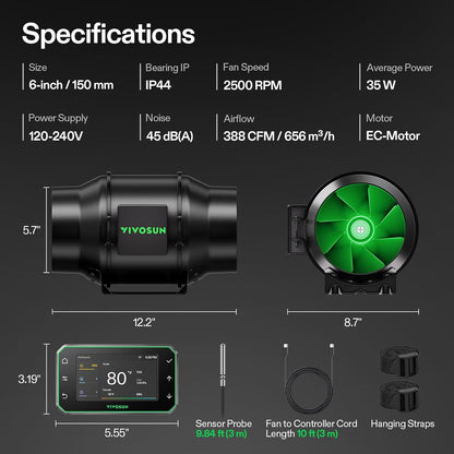 VIVOSUN AeroZesh G6 Slimme buisventilator, 150 mm, 660 m³/uur, met EC-motor en GrowHub E42A+ VPD-regelaar, wifi/app-afstandsbediening, ventilator, growbox, buisventilator, koeling, kweektenten