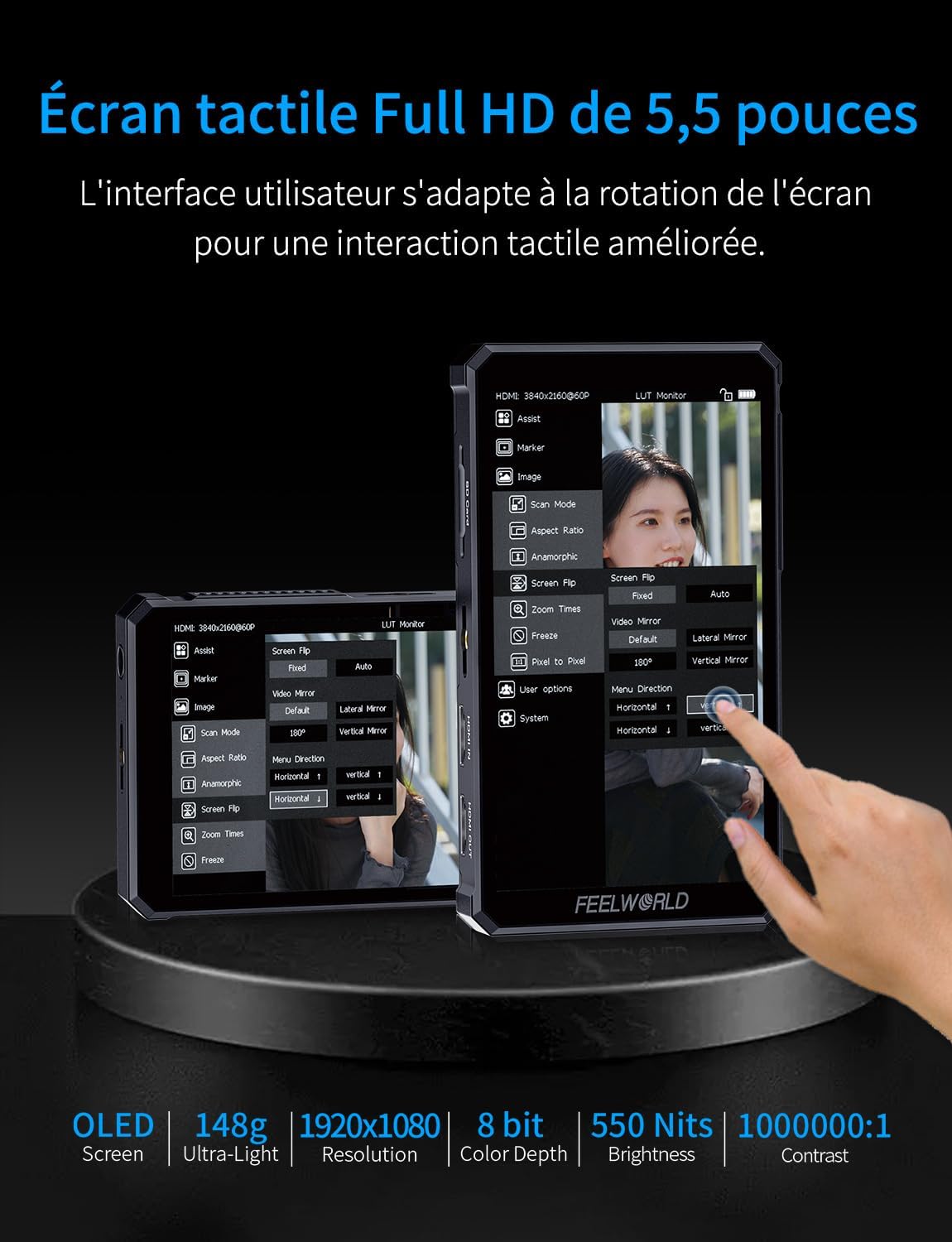 Feelworld PS6 5,5 inch OLED Verticaal Horizontale Camera Monitor 1920x1080 IPS Touchscreen Veldmonitor,100% DCI-P3-kleurengamma,3D LUT,4K HDMI2.0 In/Uitgangen,Golfvorm,Inclusief F550 Batterij en Tas