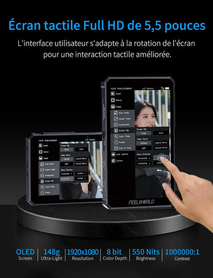 Feelworld PS6 5,5 inch OLED Verticaal Horizontale Camera Monitor 1920x1080 IPS Touchscreen Veldmonitor,100% DCI-P3-kleurengamma,3D LUT,4K HDMI2.0 In/Uitgangen,Golfvorm,Inclusief F550 Batterij en Tas