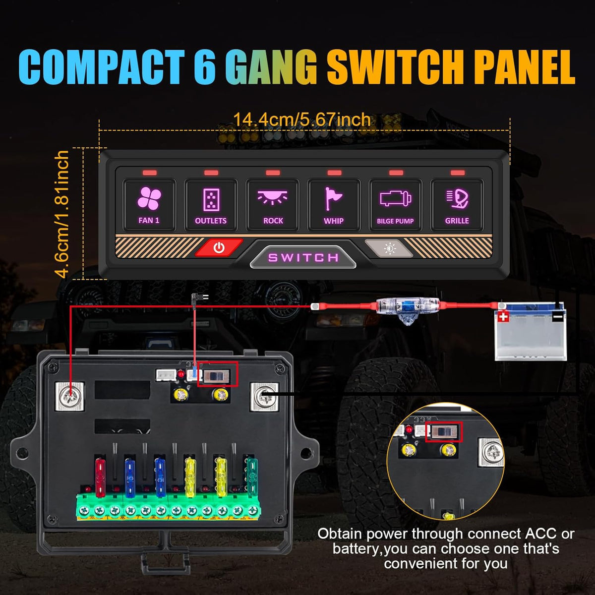 Chelhead 12 V/24 V schakelpaneel, RGB, 6-voudig dimbaar, multifunctioneel programmeerbaar schakelpaneel, accessoires, batterijbesturing, waterdicht, compatibel met vrachtwagen, boot, SUV, camper