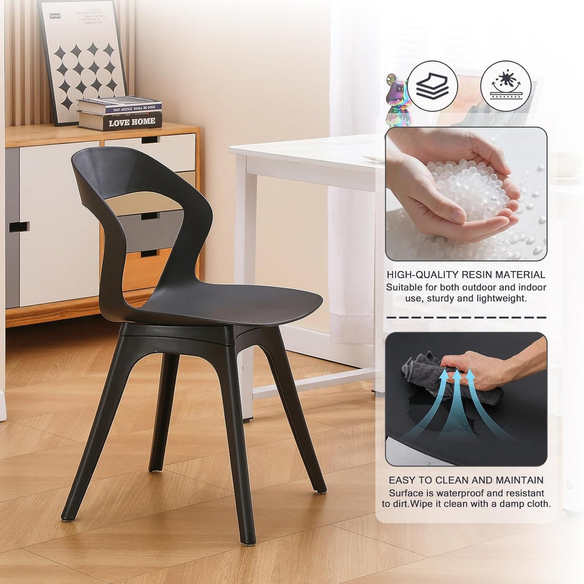 Plastic Eetkamerstoelen - Set van 4 Moderne Buitenkeukenstoelen voor Patio/Woonkamer - Zware Eetkamerstoel met Holle Rug - Mid Century Zijstoel voor Buiten, Bistro, Café - Zwart