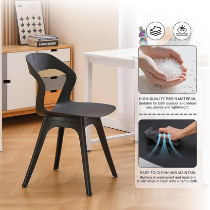 Plastic Eetkamerstoelen - Set van 4 Moderne Buitenkeukenstoelen voor Patio/Woonkamer - Zware Eetkamerstoel met Holle Rug - Mid Century Zijstoel voor Buiten, Bistro, Café - Zwart