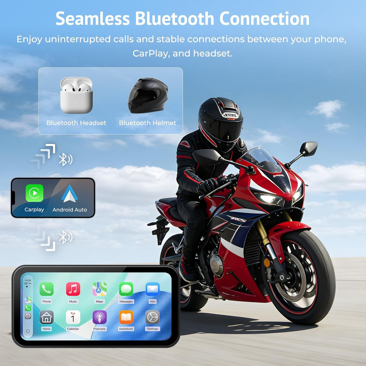 Motorfiets GPS – Motornavigatie – Navigatiesysteem – CarPlay GPS – Android Auto GPS – 6,3 Inch Waterdicht Scherm – Dubbele Bluetooth & Lichtsensor
