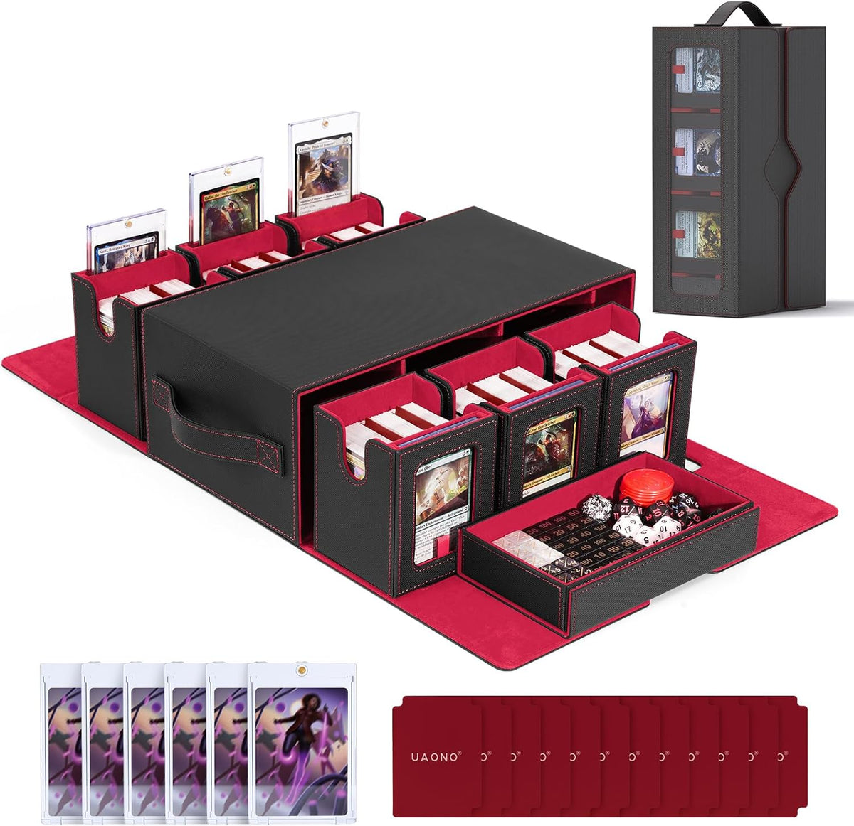 Commander Deck Box voor MTG, 6-decks, modulaire kaartenetui met kubushouder voor 600+ dubbele hulskaarten, afneembare verzamelkaartenopbergdoos met 6 35PT magnetische kaarthouders voor TCG