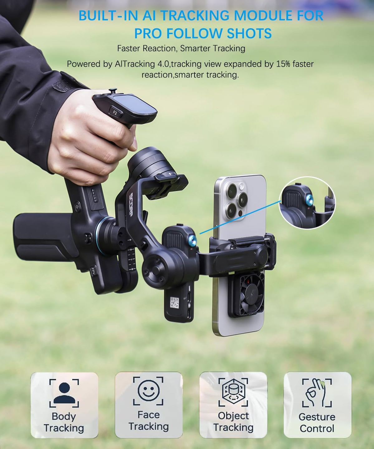 FeiyuTech Scorp Mini 3 Gimbal stabilisator voor iPhone, geïntegreerde AI-tracker, met ventilator en geïntegreerd handvatontwerp, touchscreen, laadvermogen van 2 kg