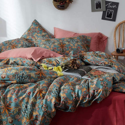 VM VOUGEMARKET Bohemen dekbedovertrekset, kingsize, 3-delig, langstapelig, katoenen dekbedovertrek met ritssluiting, groengouden elegante beddengoedset, Carol, King
