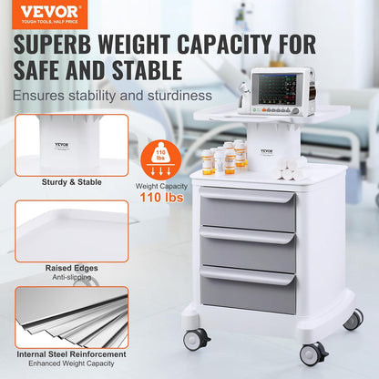 VEVOR Mobiele laboratoriumwagen met 4 niveaus, 3 laden, 1 bovenste plank, ABS-materiaal, 4 stille wielen, voor laboratorium, kliniek, ziekenhuis, woonkamer