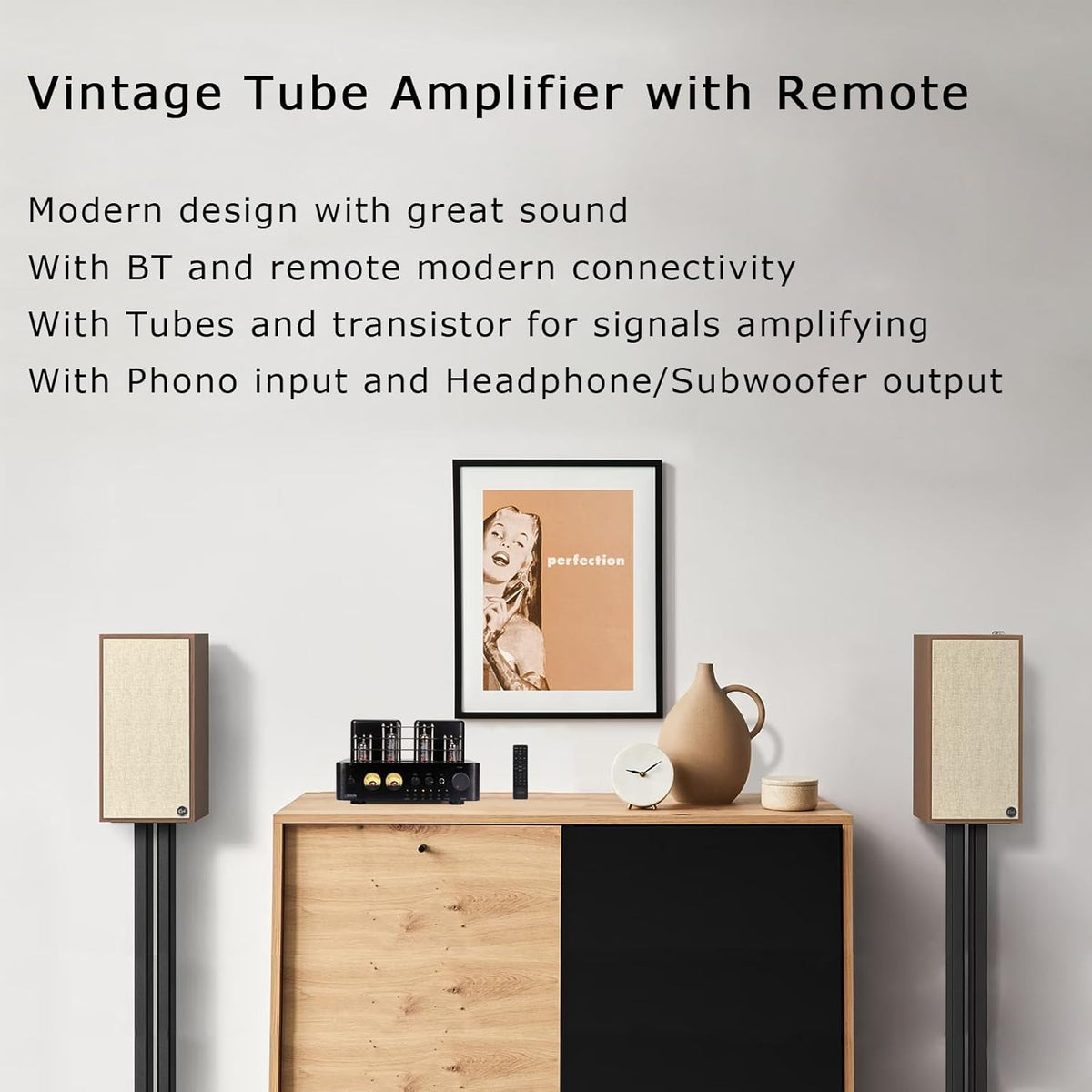 Juson Audio JTA50 Buisversterker Instapniveau Hifi-versterker met BT 5.0, afstandsbediening, AUX, COAX, Phono en USB-ingang, subwoofer uit, 2.1CH voor draaitafel (JTA50)