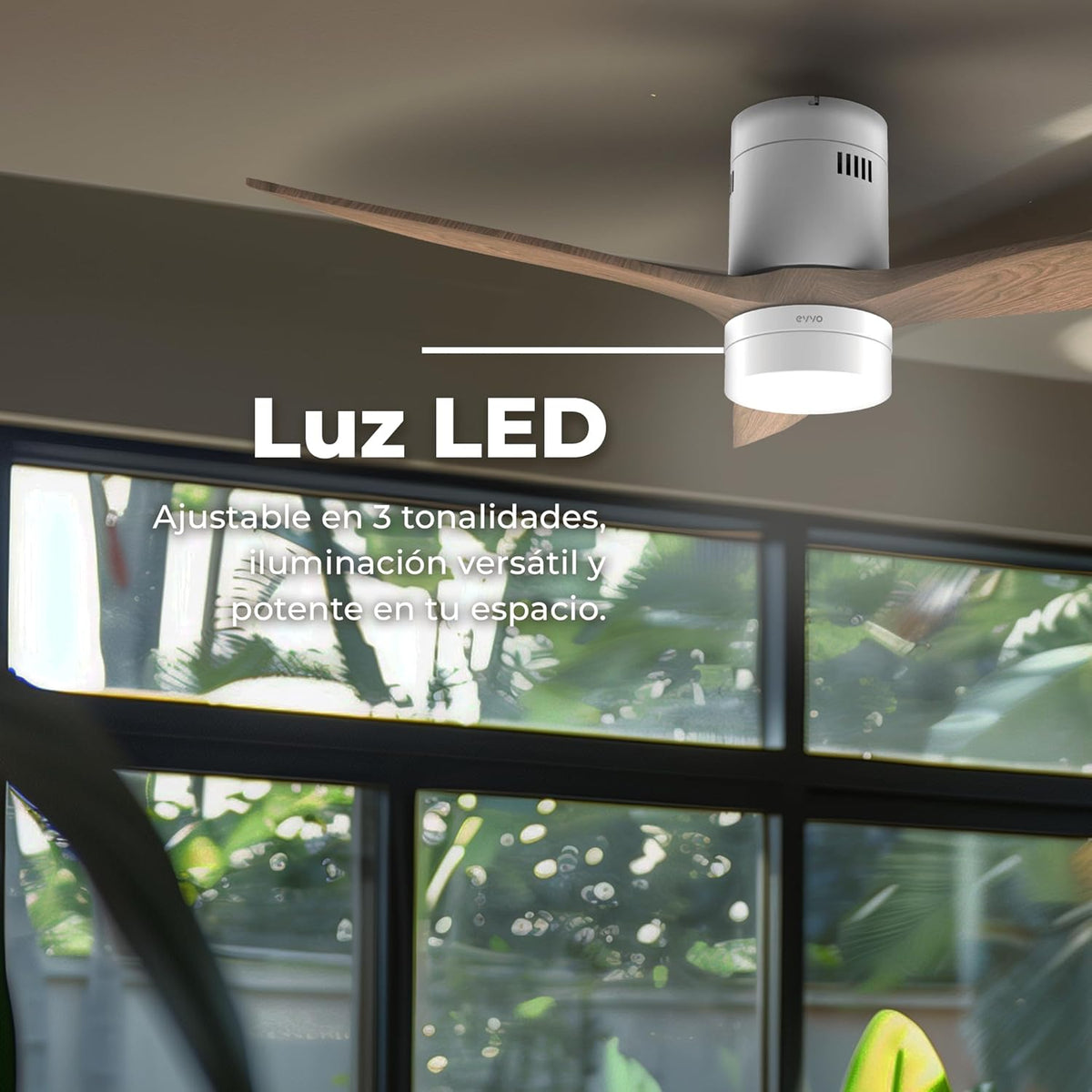 EVVO Plafondventilator met ledlicht en wifi, stil, Ø 132 cm, 3 vleugels, motor DC 40 W, 6 snelheden, timer tot 4 uur, winter-zomerfunctie, IP44, model: V550, grijze lak
