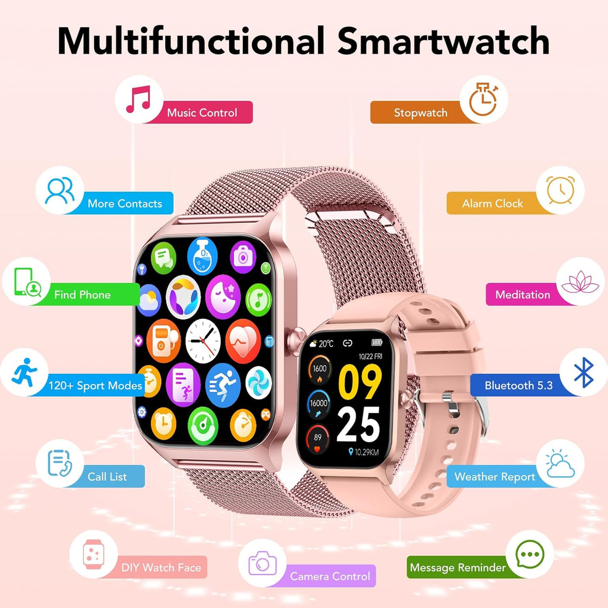 CASCHO Smart Horloges voor dames, 1,8 inch HD fitnesshorloge (beantwoorden/bellen), 120+ sportmodi met hartslag-/slaapmonitor, IP68 waterdicht, fitnesstracker voor iOS Android, PRG4-Rose