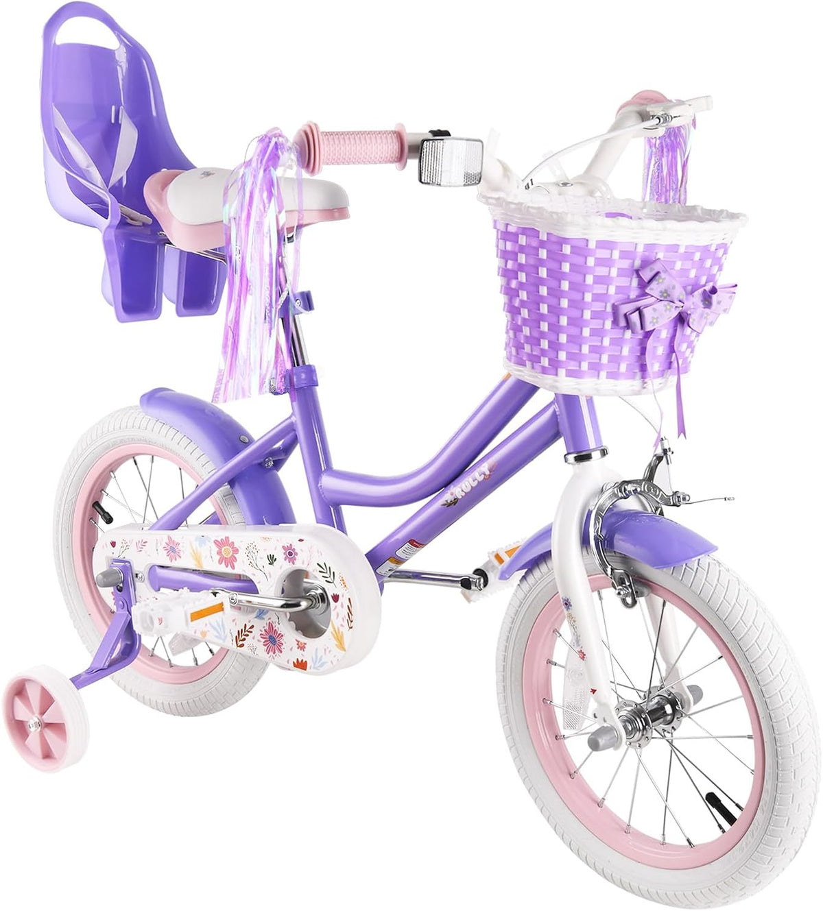 RULLY Daisy Kinderfiets voor meisjes van 3, 4, 5 jaar, met steunwielen en mand, paars