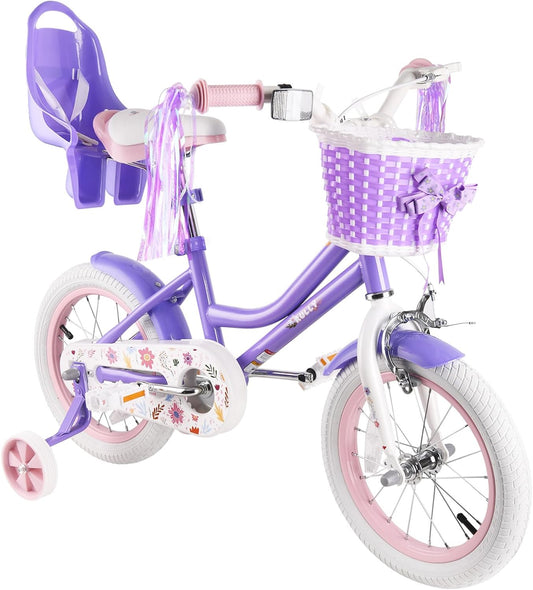 RULLY Daisy Kinderfiets voor meisjes van 3, 4, 5 jaar, met steunwielen en mand, paars