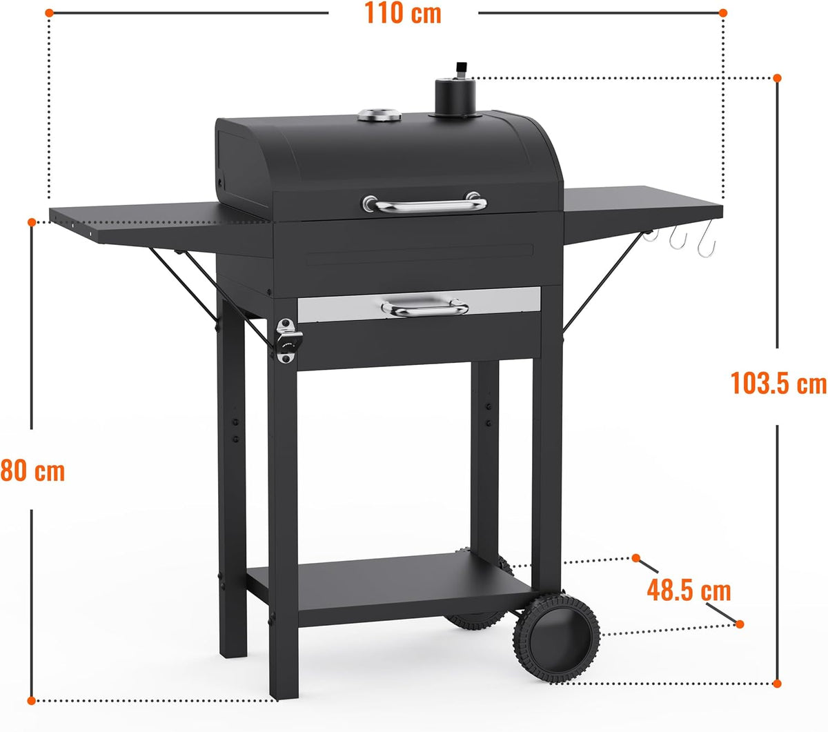 XL Houtskool BBQ Grill voor buiten koken vierkante buis kar roker grill met thermometer, dubbellaags grillrooster, bijzettafel en beweegbare wielen, zwart