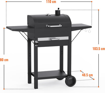 XL Houtskool BBQ Grill voor buiten koken vierkante buis kar roker grill met thermometer, dubbellaags grillrooster, bijzettafel en beweegbare wielen, zwart