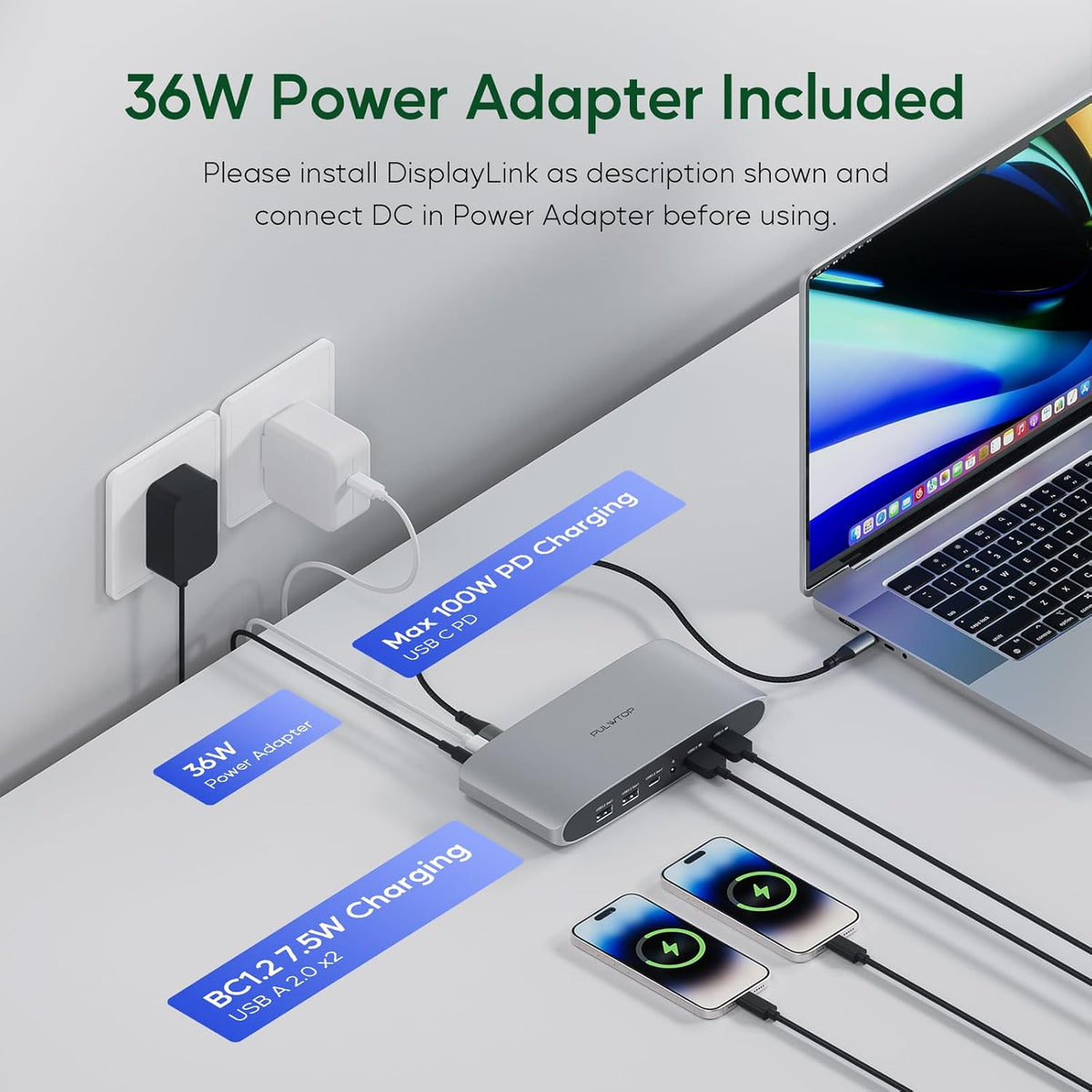 Displaylink Docking Station, PULWTOP Triple Display dock usb c voor MacBook M1/M2/M3 Windows, Laptop USB C Docking Station met 4K 60Hz 2 HDMI, 2 Display Port, PD, USB C Data, 4 USBA, Ethernet, Audio