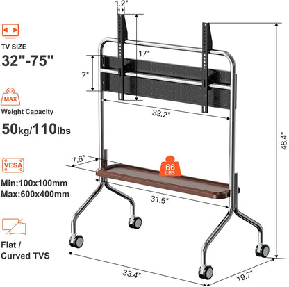 Mobiele tv-kar – Verrijdbare tv-standaard, rollende tv-standaard, tv-wagen, tv-standaard met wielen – Voor 32-75 inch LCD LED OLED flatpanel schermen – Roestvrij staal met vergrendelbare wielen en enkellaags houten opbergplank