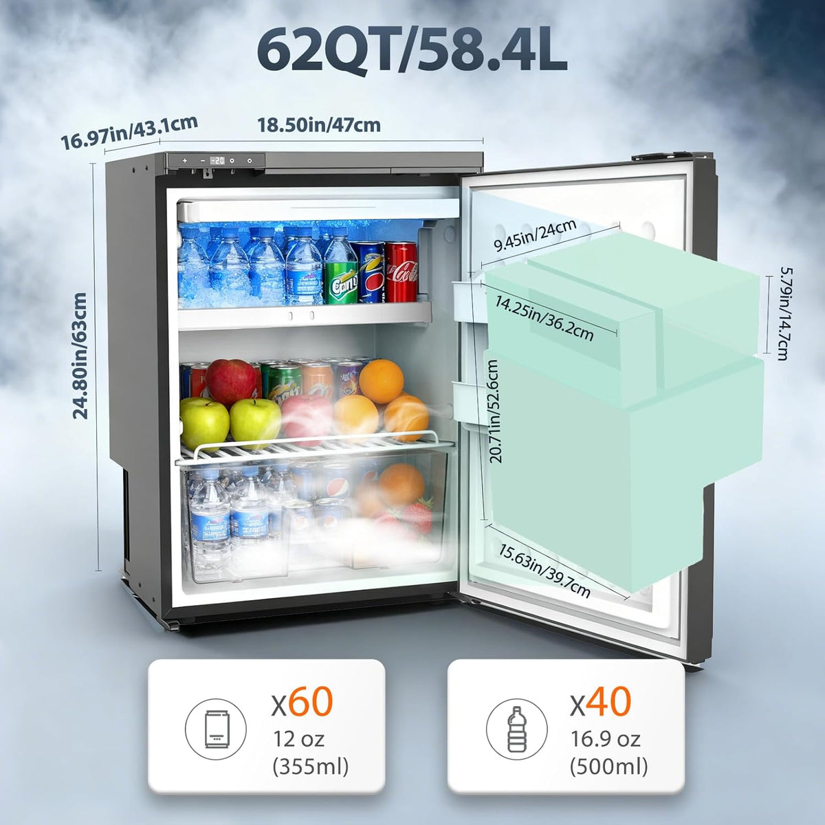 CR65-S 59L Compressorkoelkast, 12/24V DC, LED-Verlichte Voertuigkoeler, Bereikt -20 °C, Geschikt Voor Auto's, Vrachtwagens, Boten, Campers, Kamperen en Reizen