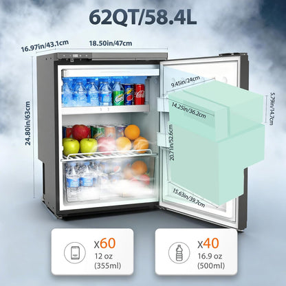 CR65-S 59L Compressorkoelkast, 12/24V DC, LED-Verlichte Voertuigkoeler, Bereikt -20 °C, Geschikt Voor Auto's, Vrachtwagens, Boten, Campers, Kamperen en Reizen