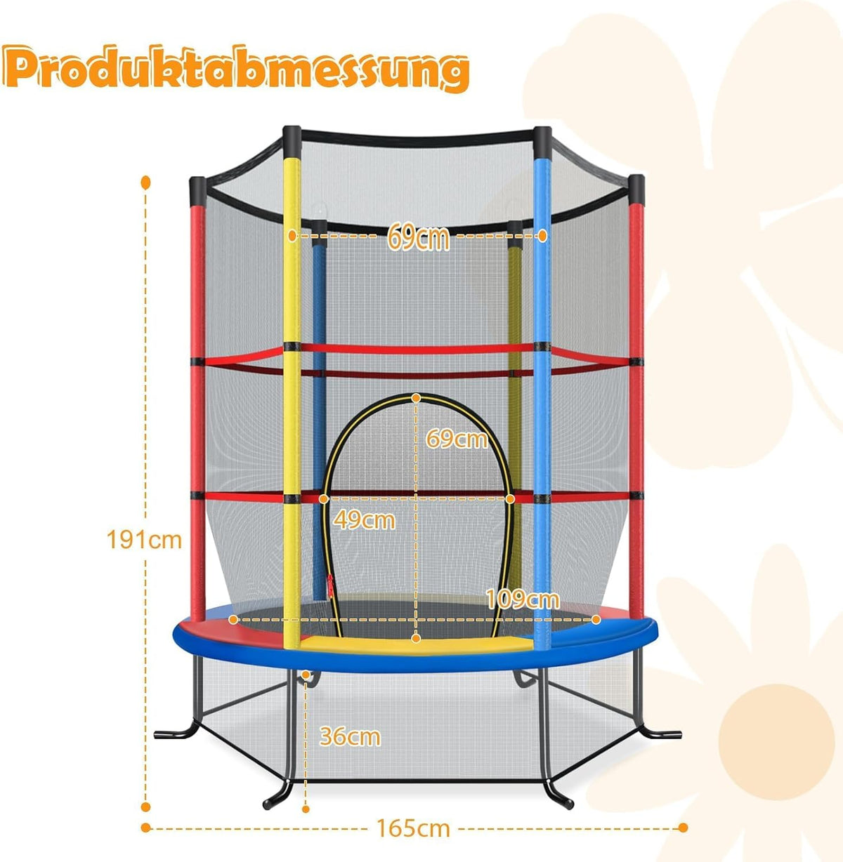 FANTASK Indoor-/outdoortrampoline met veiligheidsnet, Ø 165 cm, tuintrampoline tot 135 kg belastbaar, trampoline voor kinderen vanaf 3 jaar