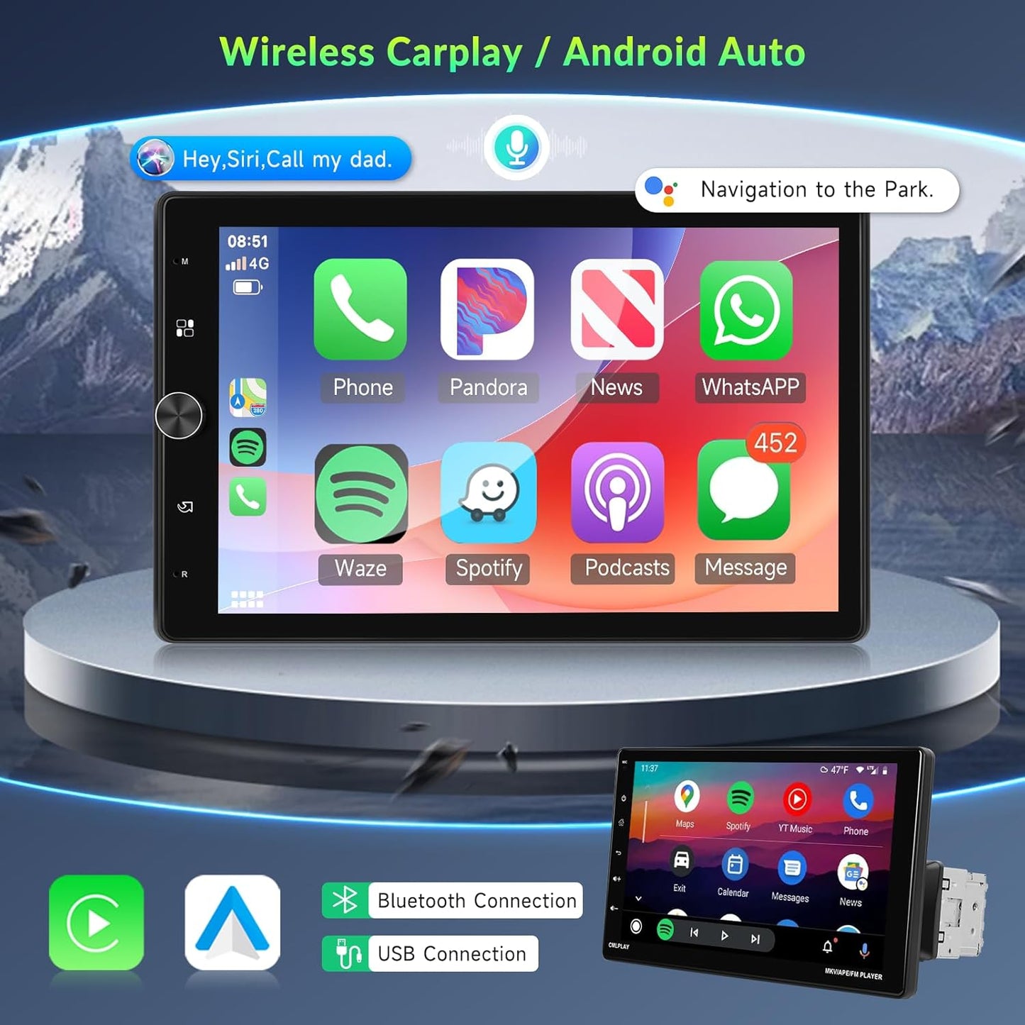 Autoradio 1 Din met draadloze Carplay Android auto, 10,4 inch touch draaibaar scherm autoradio Bluetooth, FM-radio, schakelspiegels, 2 USB, achteruitrijcamera