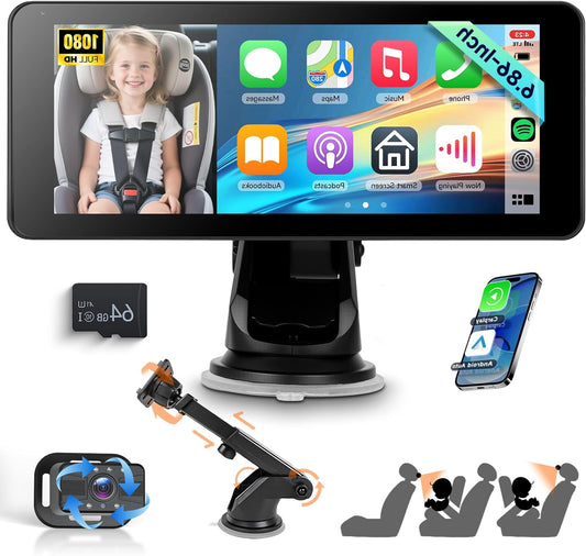Dual Baby Car Camera for 2 Children with 6.86 Inch Split Screen HD 720P with Carplay Android Car, 360° Rotatable Night Vision, Safety Car Seat Mirror Camera, Suction Cup Holder, 64G SD - QUORE