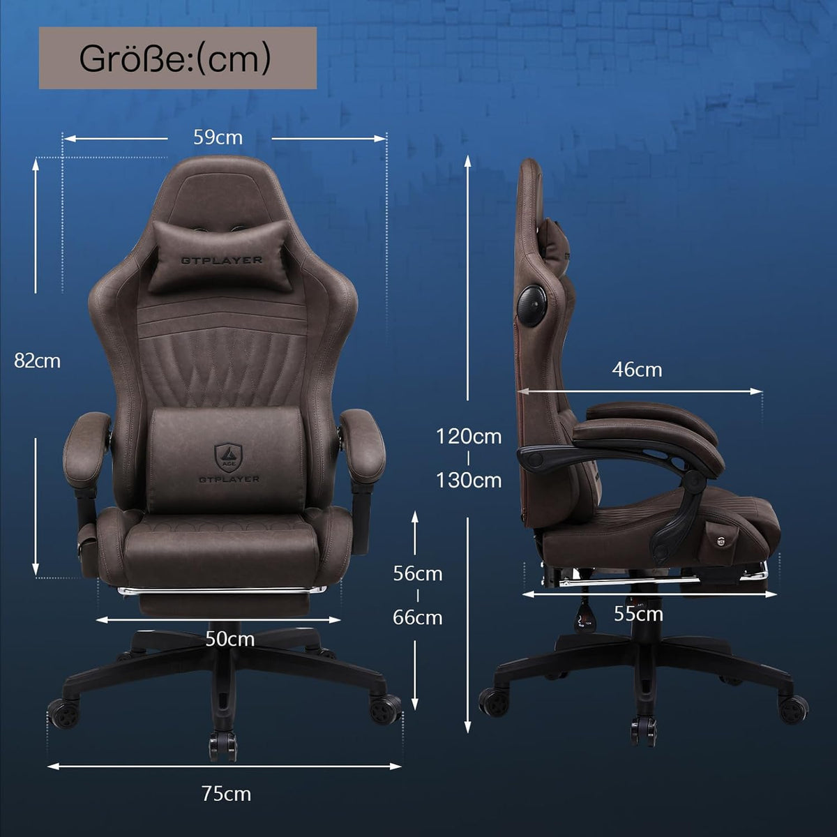 GTPLAYER Leather Game Chair, Ergonomic Game Chair, Desk Chair with Footrest, Speaker, Adjustable Headrest and Lumbar Support, Tilting Backrest, Light Brown - QUORE