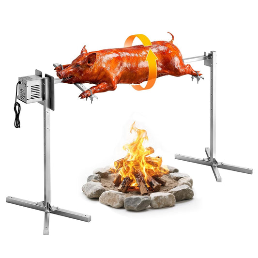 VEVOR Braadgrill, draagvermogen van 60 kg, elektrische draaispiesset met 8 niveaus, automatische motor 38 W, roestvrijstalen vork 1321 mm, voor lam, biggen, feest