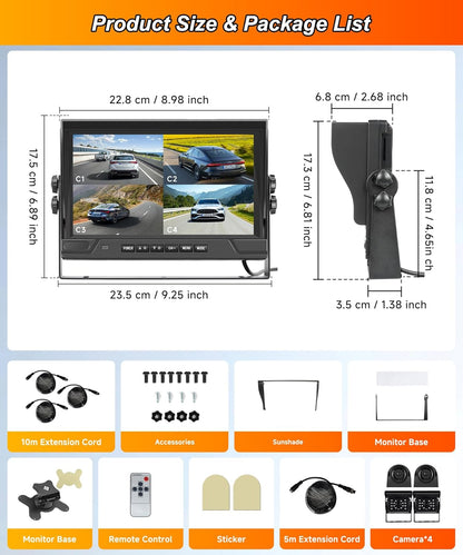 4 x achteruitrijcamera-kabel met 9 inch IPS-monitor, parkeerhulp, 18 led-achteruitrijcamera, auto, nachtzicht/IP68 waterdicht, voor SUV, vrachtwagen, camper, DC 12-24 V, loop-opname