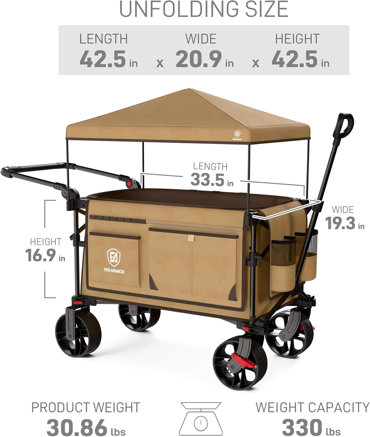 EVER ADVANCED XXL bolderkar, opvouwbaar, 225 l tot 150 kg, met remdak, handwagen, duw- en trekwagen, opvouwbare strandwagen, 20 x 8 cm brede wielen, vouwwagen voor camping, strand, winkelen, dier