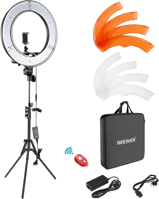 Neewer Camera foto video ringlicht kit: 18 inch / 48 centimeter buiten 52W 5500K dimbaar LED ringlicht licht stand Bluetooth ontvanger voor smartphone YouTube zelfportret opnames